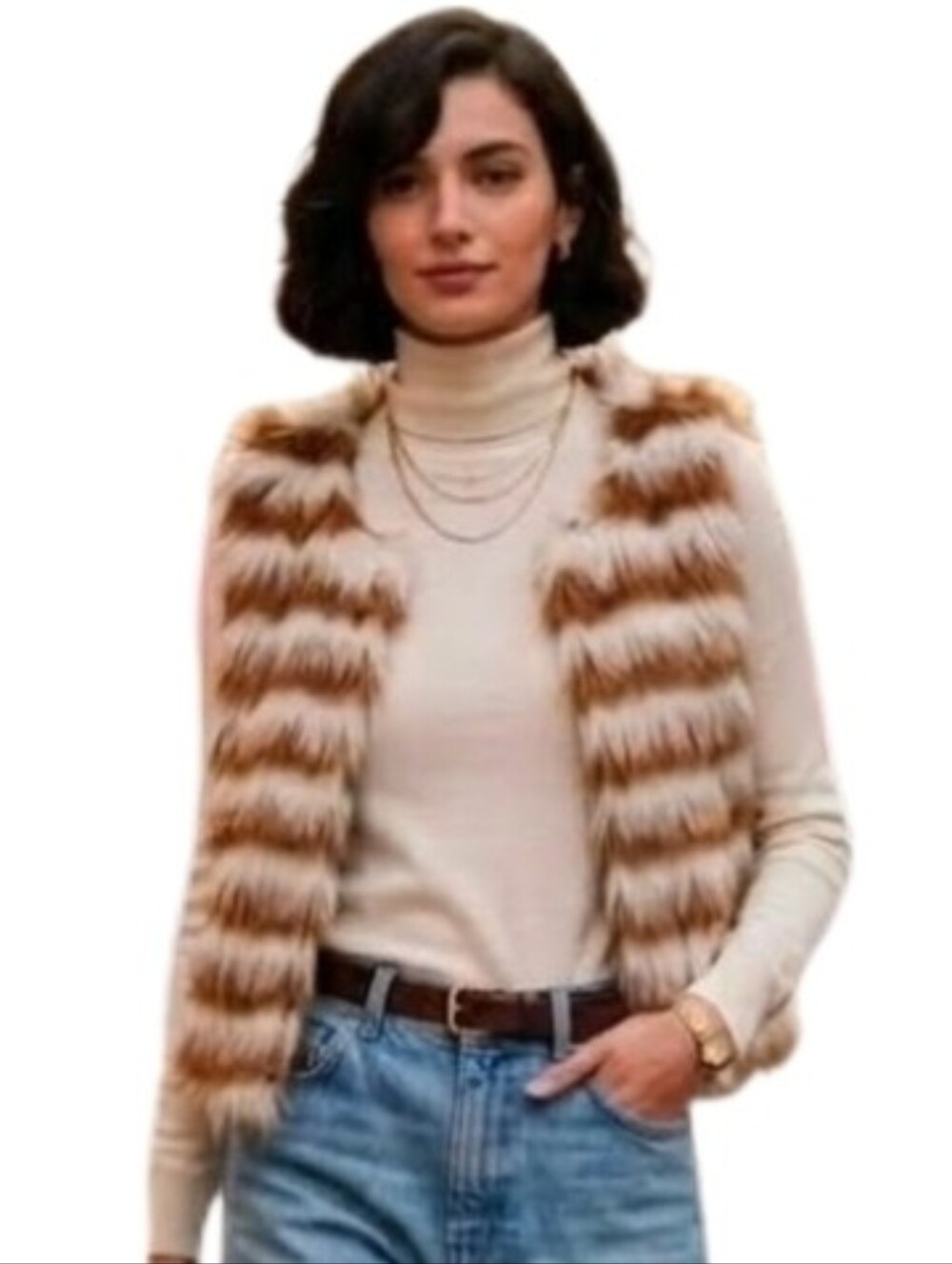 SIGNATURE STUDIO Chic Faux Fur Striped Vest Tan Size S